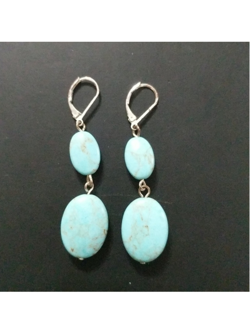 Silver Tone Faux Turquoise Oval Drop Pierced Statement Earrings